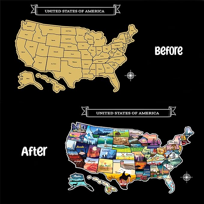 Large 23x16 Scratch-Off USA Map - Hand-Drawn Travel Design with Accessories, Laminated for Home DĂŠcor - Deluxe States Tracker, Road Trip Gift, Perfect for Travelers, Adventure & Geography Lovers