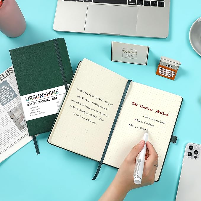 Dotted Journal/Notebook - Dot Grid Hard Cover Notebook, Premium Thick Paper with Fine Inner Pocket, Black Smooth Faux Leather, Pen Loop, 5.3'' x 8.26'' - Turquoise