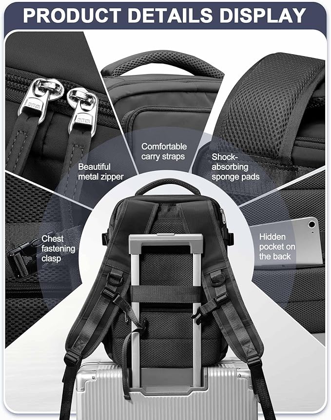 Black Travel Backpack for Women Men, Carry on Backpack Flight Approved Item Bag, Casual Daypacks Cabin Bagage, Hiking Backpack Lightweight Rucksack, Business Laptop Backpack Small