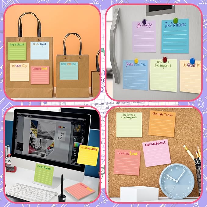 Yinder 24 Pcs Inspirational Sticky Notes with Lines Cute Motivational Sticky Notes Pad Employee Appreciation Gifts Bulk for Teacher Nurse Coworkers Office Supplies 3 x 3''(Light Color,Bible)