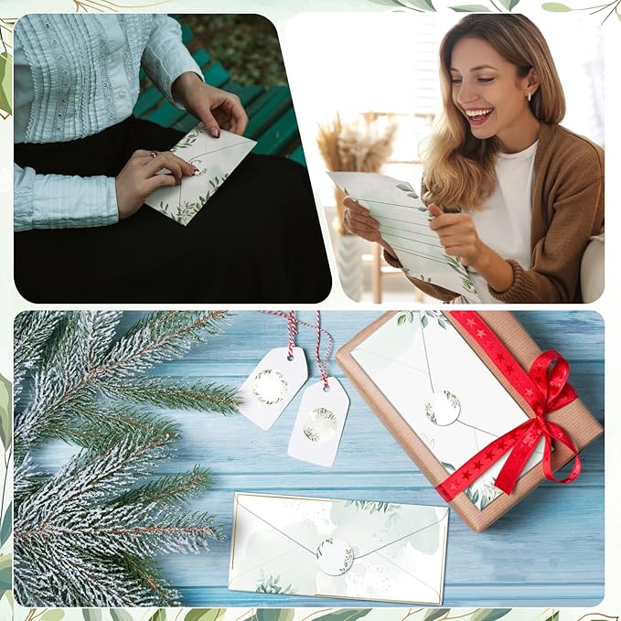 TaoBary 160 Packs Stationery Paper Set (50 Double Sided Stationery Writing Papers 50 Matching Envelopes) 60 Round Dot Sticker, 10 Design (8.5 x 11 Inch,Green Leaves)