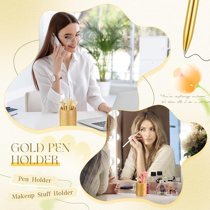 Sabary 8 Pcs Ballpoint Pens with Pen Holder for Desk Glitter Crystal Diamond Fancy Pencil Holder Bling Desk Organizer Cute Stationery Supplies for Women Girls Wedding Office School Gifts(Gold)