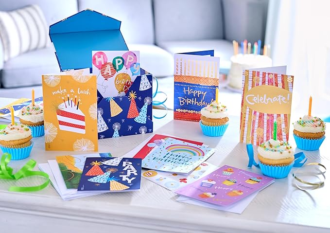 American Greetings 30-Count Birthday Card Assortment Box with Envelopes, Seals, and Storage Box (Kathy Davis Designs, Party Hats)