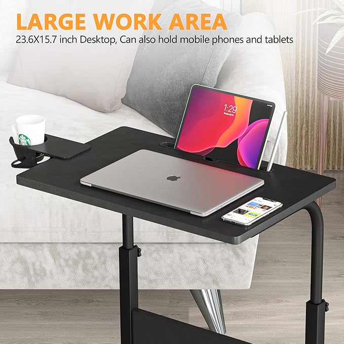Klvied Standing Desk Adjustable Height, Stand Up Desk with Cup Holder, Portable Laptop Desk, Mobile, Small Computer Desk, Bedside Table, Black Rolling Desk, Work Desk for Home Office