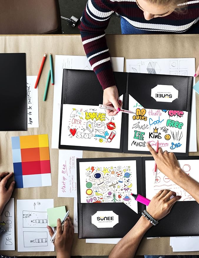 SUNEE 2 Pocket Folders (24 Pack, Black) Heavy-Duty Plastic Folders with Pockets, Fit 8.5x11 Letter Size Paper, 2-Pocket File Folders for Kids, Home, School, Office