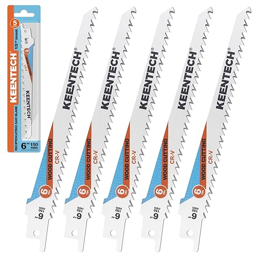 KEENTECH CR-V Sawzall Pruning Blades, 6 Inch 6TPI, with Fleam Ground Teeth for Tree Branch Root Wood, PVC Pipe Cutting, Reciprocating Saw Blade Fast Cutting for Professional, DIYer, Gardener, 5 Pack