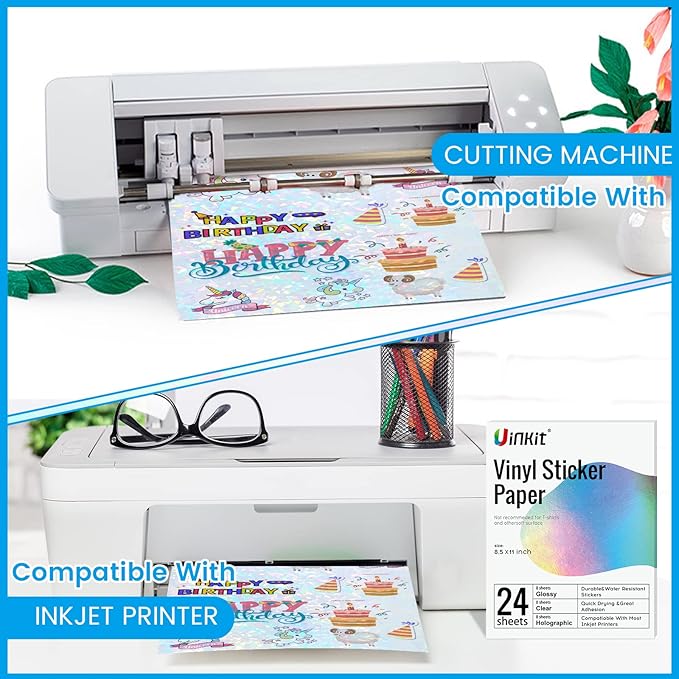 Uinkit Premium Printable Vinyl Sticker Holographic Glossy Transparent Each 8 Sheets For Inkjet Printer Variety Pack- 24 Sheets Mixed Finish Label Dries Quickly Vivid Colors, Holds Ink well