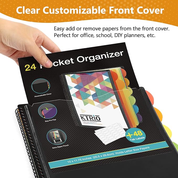 KTRIO 24 Pocket Poly Project Organizer, Spiral Binder Organizer Multi Pocket Folder with Dividers, Back Cover Utility Pouch, Letter Size School Supplies