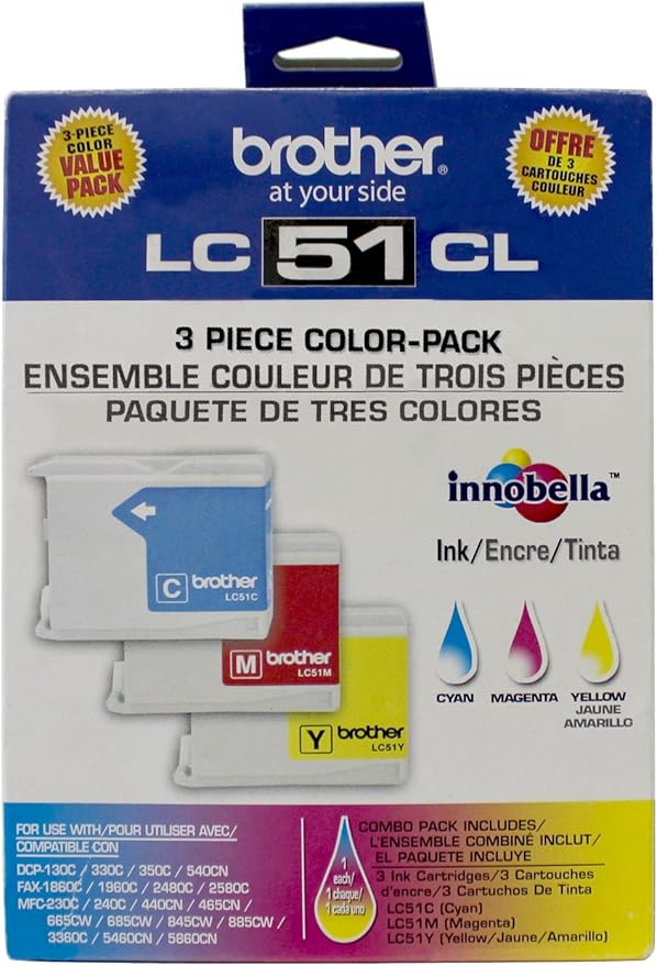 Brother Genuine Standard Yield 3 Pack Color -Ink -Cartridges, LC513PKS, Includes 1 -Cartridge Each of Cyan, Magenta & Yellow, Page Yield Up To 400 Pages/ -Cartridge, Amazon Dash Replenishment -Cartridge, LC51