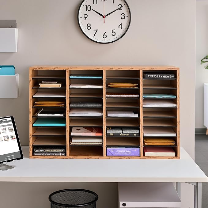 Safco Literature Organizer, 36 Compartments, Office and Classroom Mailbox with Adjustable Shelves, Wood Paper and Mail Sorter, Medium Oak