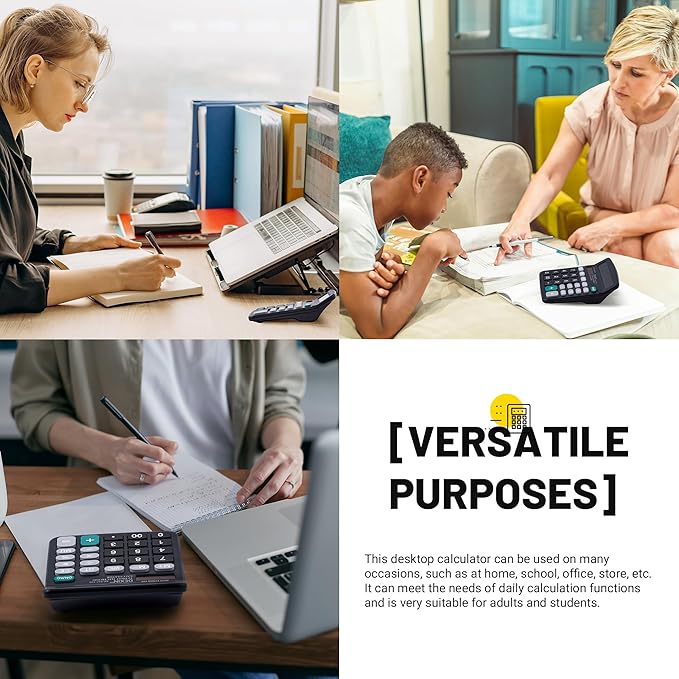 Golcellia Calculators Desktop, Black Calculator, Cute Calculator 12 Digit Desk Calculator Large Display, Dual Power Solar Battery, Office Home School Supplies for Adults & Students