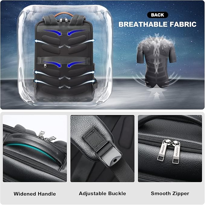 BOPai Genuine Leather Backpack for Men Multifunctional 15.6 inch Laptop Executive Business Travel Friendly Intelligent High Tech Rucksack USB Professional Anti Theft Large Capacity Classic Black