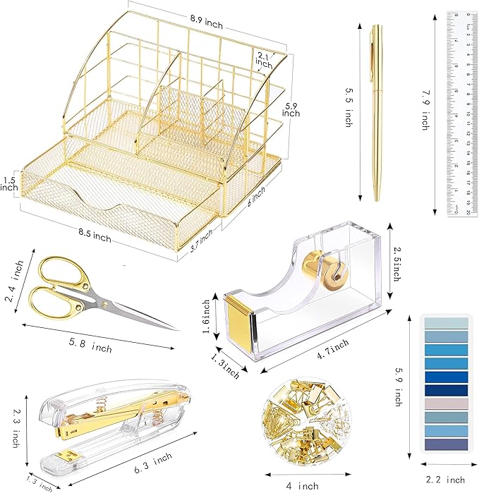 Gold Desk Organizers and Accessories, Gold Office Supplies with Mesh Desk Organizer, Acrylic Tape Dispenser and Stapler, Staples, Ballpoint Pen, Clips Set, Ruler, Scissor, Sticky Labels