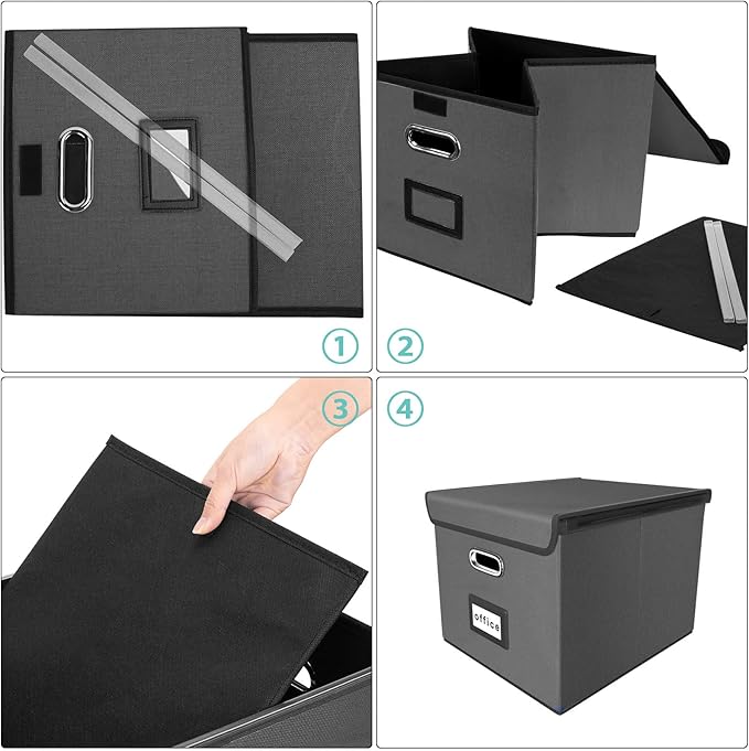 Collapsible File Storage Organizer Boxes with Lids, Linen Office Document Storage Box, Filing Box, Decorative Small File Box for Hanging File, Single File Box with Plastic Slide for Office/Decor/Home