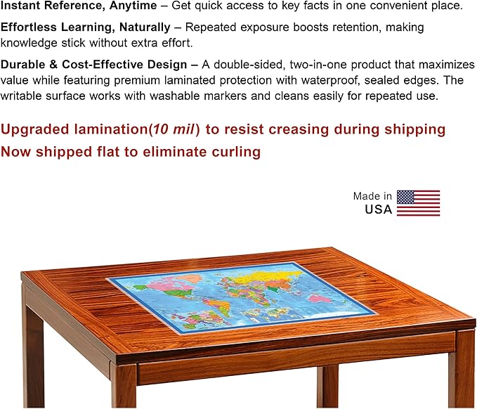2-Sided Desk Map with Durable Lamination (1 Pack: US/Europe Centered World)