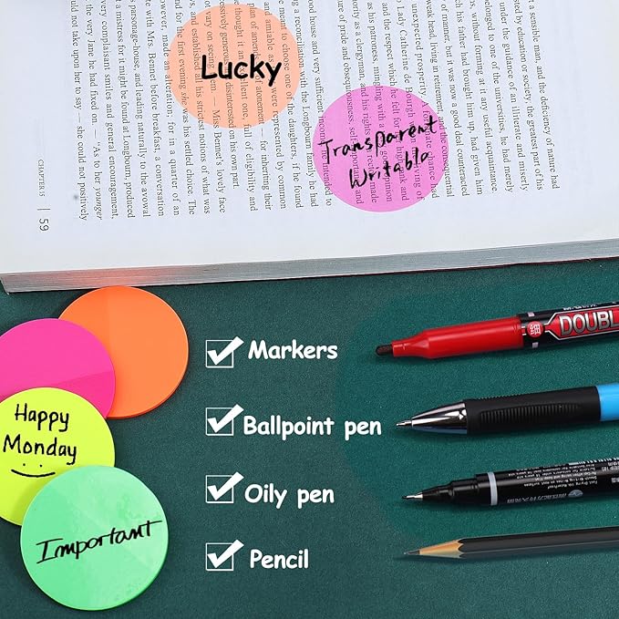 Juome Transparent Sticky Notes, 400Pcs Bright Neon Round Clear Sticky Tabs, Cute Circle Translucent Book Markers Page Flags Stickers Bible Journaling Accessories Aesthetic Office School Study Supplies
