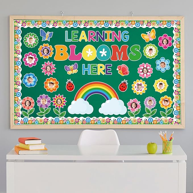 Kosiz Spring Flower Bulletin Board Decorations Set Great Minds Bloom Here Classroom Decorations Colorful Butterfly Rainbow Cloud Paper Cutouts with Floral Borders for School Chalkboard Wall Door Home