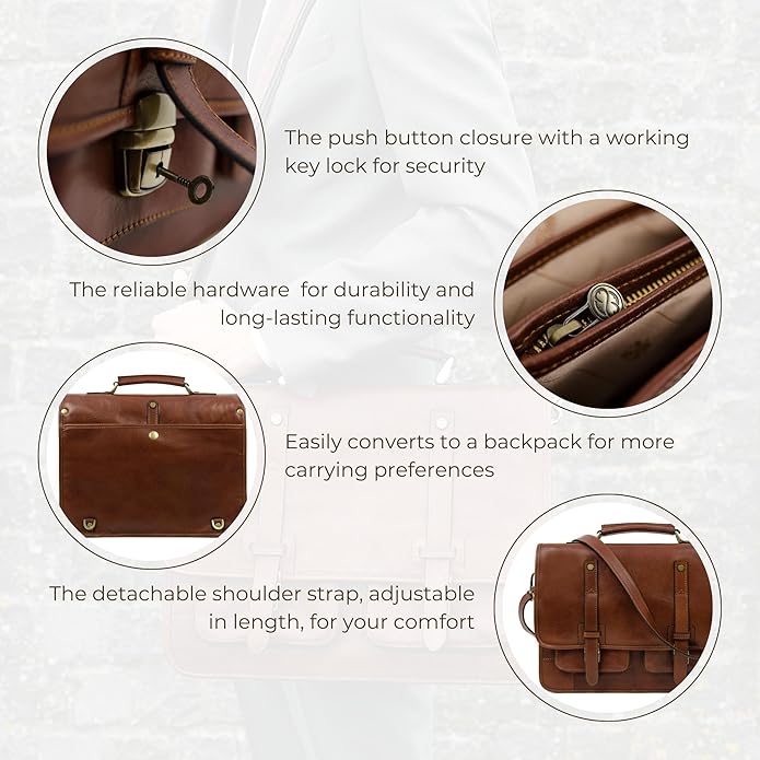 Time Resistance Leather Briefcase for Men - Business Laptop Bag - Italian Handmade Leather Bag - Messenger Bag