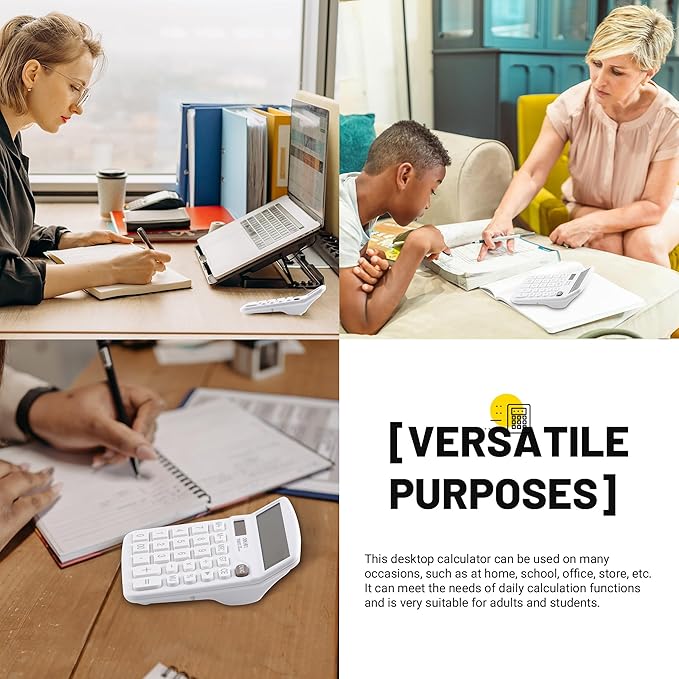 Golcellia Calculators Desktop, White Calculator, Cute Calculator 12 Digit Desk Calculator Large Display, Dual Power Solar Battery, Office Home School Supplies for Adults & Students