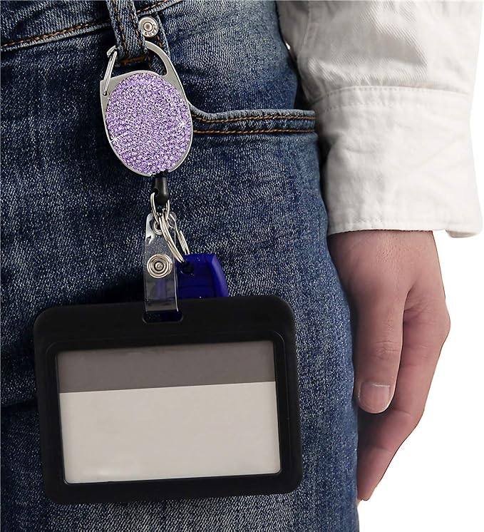 VIQWYIC 2 Pack Retractable ID Badge Holder with Clip, ID Name Badge Reels with Bling Rhinestones Retractable Card Holder for Office Worker Teacher Doctor Nurse(Pink&Purple)
