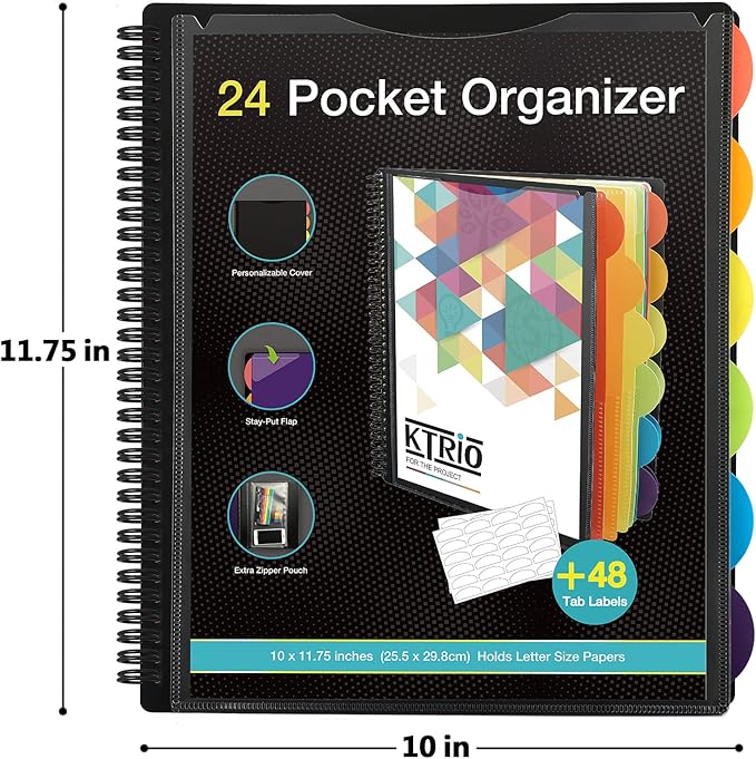 KTRIO 24 Pocket Poly Project Organizer, Spiral Binder Organizer Multi Pocket Folder with Dividers, Back Cover Utility Pouch, Letter Size School Supplies