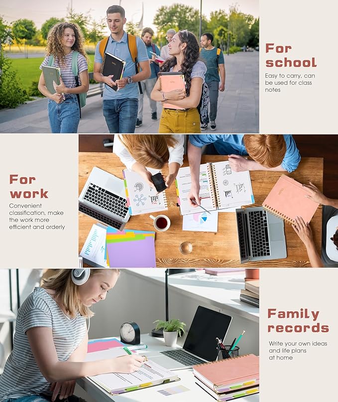 Hardcover Spiral Notebook journal with Removable Dividers Tabs, 300 Pages Leather 5 Subject Notebook College Ruled, 100GMS A5 Notebooks for Work School Note taking,Lined Journal for Women,A5-Pink