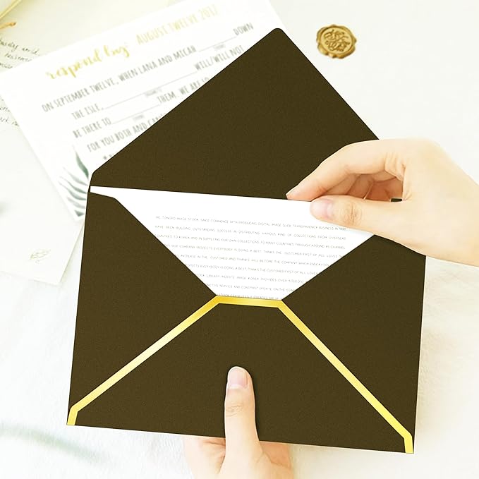 60 Pack Gold Envelopes 5x7 Bulk Taupe, 250G Pearled Cardstock A7 Envelopes for Invitations Business Mailing Envelope with Gold Foil Border, A6 4x6 Envelopes for Wedding Baby Shower Cards