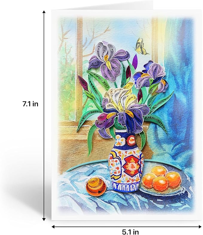 KingKraft Iris Flower Quilling Card, Handcrafted Greeting Card for All Occasions, Birthday Card for Mom, Thinking of You, Get Well, Anniversary, Valentines Day, Mothers Day Card, Blank Inside