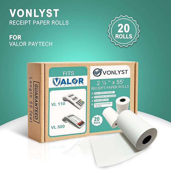 Receipt Paper Roll for Valor Paytech VL 110 and VL 500 Credit Card Machine (20 Rolls)