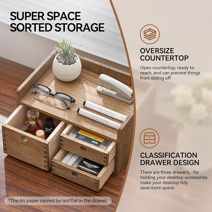 KIRIGEN Desk Organizer with 3 Drawers - Wood Drawer Storage Box with Trays for Tabletop - Workspace Office Toiletries Supplies Tool Caddy - Wooden Storage Cabinet1 Layer Dark Brown(DT1D3C-DBR)