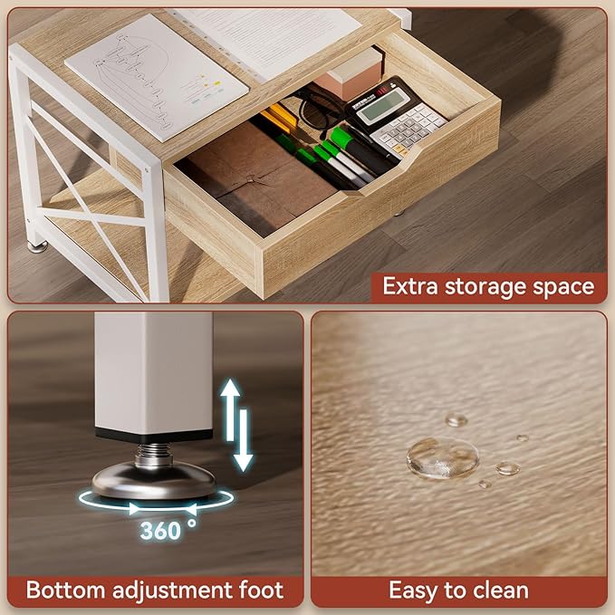 IBUYKE 2 Tier Desktop Printer Stand,Multi-Purpose Desk Organizer,Wooden Printer Stand with Drawer Storage for Folders,Books,for Fax Machine, Scanner,Home Office,Light Wood TLJ012R