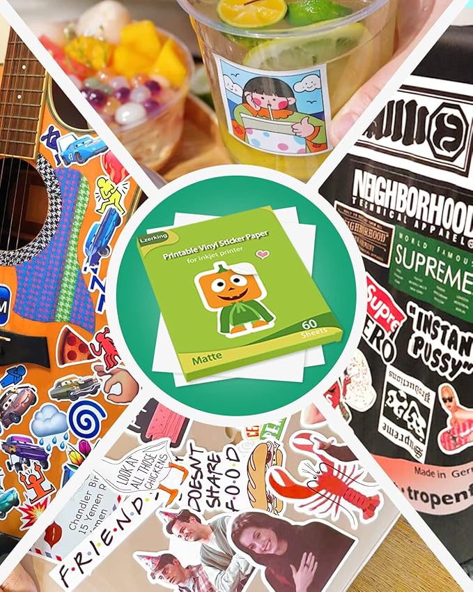 Lzerking Printable Vinyl Sticker Paper for Inkjet Printer - Matte White 60 Sheets Self-Adhesive Waterproof Decal Printable Sticker Paper - Standard Size 8.5x11 Inches