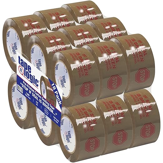 Aviditi Tape Logic 2 Inch x 110 Yard 2.2 Mil Red/Tan, Heavy Duty Packing Tape, "Stop If Seal is Broken" 18 Pack, Perfect for Packing, Shipping, Moving, Home and Office