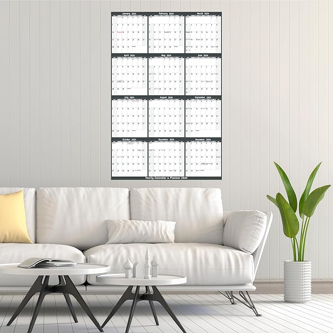 2024 Dry Erase Calendar – Large Yearly Wall calendar 2024, 38.2'' x 25.2'', 2-Side Reversible Calendar 2024, Vertical/Horizontal, Jan 2024 – Dec 2024, 2024 Wall Calendar with Notes, Stickers - Grey