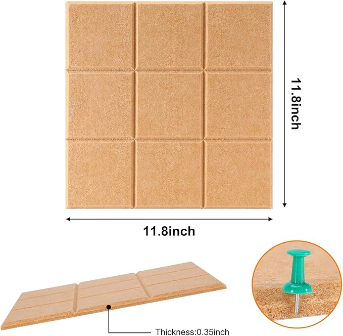Bulletin Board 6 Pack Large Pin Board 11.8" x 11.8", Felt Board Tiles with 30 Push Pins Alternative to Cork Board for Wall Damage-Free, Self Adhesive Notice Board Memo Board for Home Office