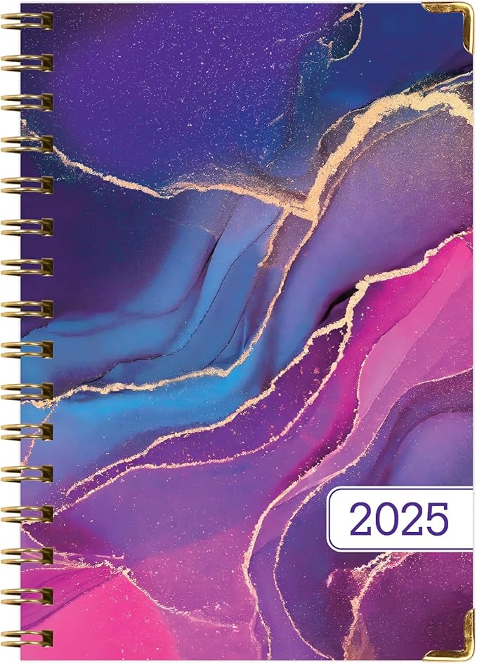 HARDCOVER 2025 Planner, 5.5"x8": 14 Months (November 2024 - December 2025), Daily Weekly Monthly Planner, Yearly Agenda, Bookmark, Pocket Folder and Sticky Note Set (Pink Purple Marble)