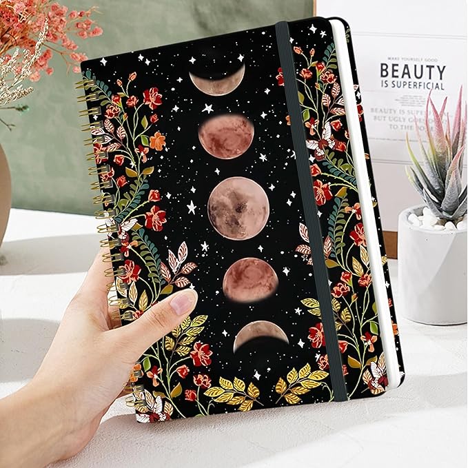 Yoiilifee Spiral Notebook - A5 Spiral Notebooks, 8.3'' × 5.8'', 160 Pages, Aesthetic Journaling Notebooks for Women, College Lined Notebook with Elastic Closure, Back Pocket, for School Office, Moon
