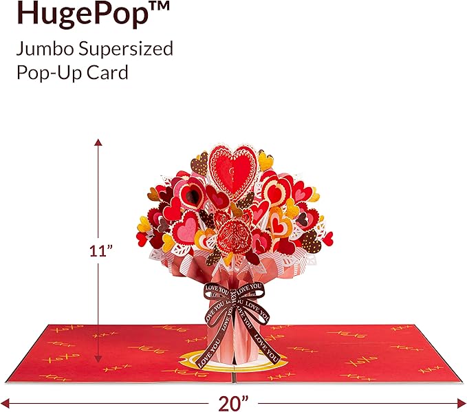 Paper Love HugePop 3D Heart Bouquet Pop Up Card, with Detachable Paper Flower Bouquet, For Birthday, All Occasions - Jumbo 10" x 14" Cards - Includes Envelope and Note Tag
