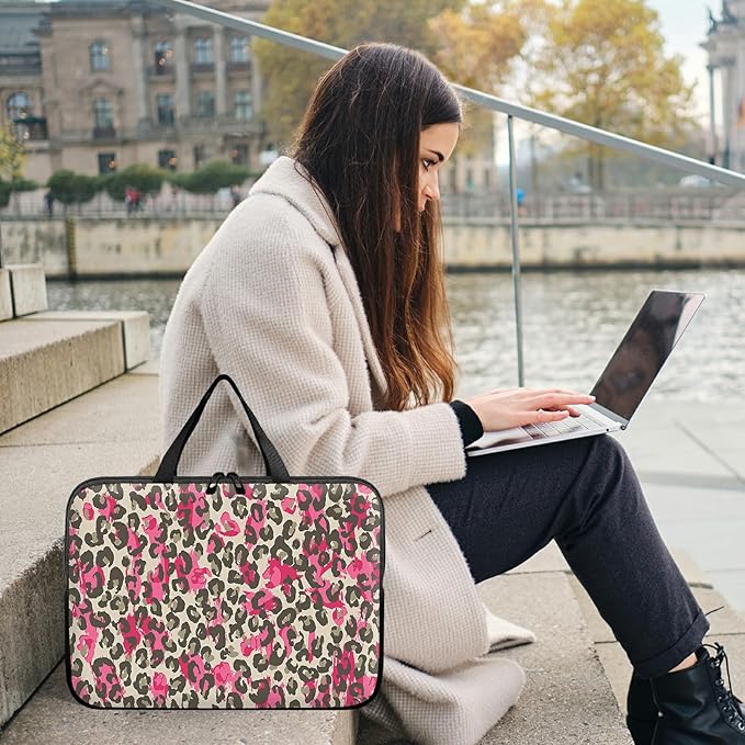 Universal Laptop Sleeve Tablet Case 12 inch, Pink Leopard Slim Carrying Case Durable Handbag Travel Laptop Bag for Surface Pro 9 8 7/Laptop Go 2 3, MacBook Air 11/12