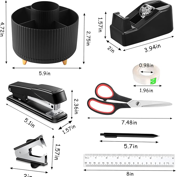 Office Desk Accessories, Black Office Supplies 360°Pen Holder Desk Organizers And Accessories with Tape Dispenser, Stapler, Staple Remover, 1000 Staples, Tape, Clips Set, Ruler, Scissor, Pen