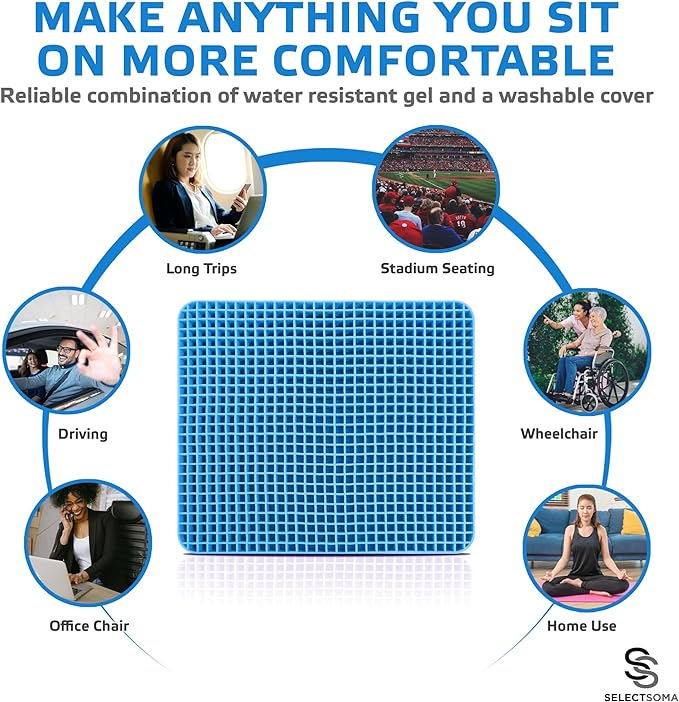 SelectSoma Travel Seat Cushion for Long Sitting – Car and Truck Cooling Gel Seat Cushion - Office Chair Cushion for Back, Sciatica, Tailbone Pain Relief – Wheelchair Cushion for Pressure Relief