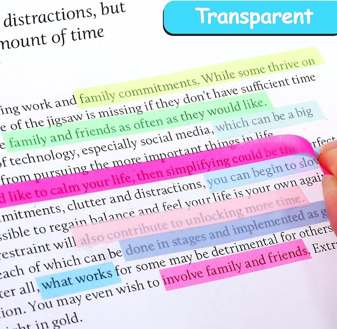 Juome 1280Pcs Highlighter Tape, Transparent Sticky Long Page Markers Tabs, Morandi Clear Highlighter Strips Flags Stickers, Book Tabs for Annotating Books Aesthetic Office School Study Supplies