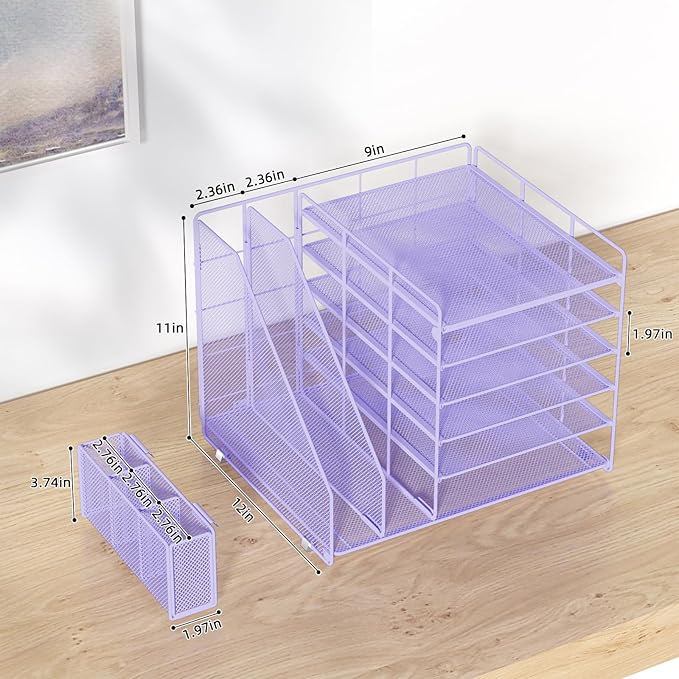 File Organizer for Desk 6 Tier Paper Organizer Letter Tray with File Holder Pen Holder, Mesh Office Desk Accessories & Workspace Organizers (Purple)
