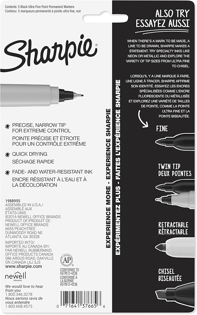 Sharpie 37665PP Permanent Markers, Ultra Fine, 5 Pack