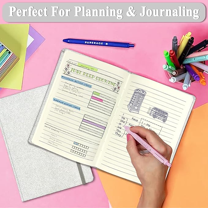 Silver Glitter Notebook, 8.3x5.7” 160 Lined Pages Glitter Never Peel Off Sparkle Journal for Girls College Ruled A5 Hardcover Notebooks for Teens Women Writing Note Taking Office Work School Gifts