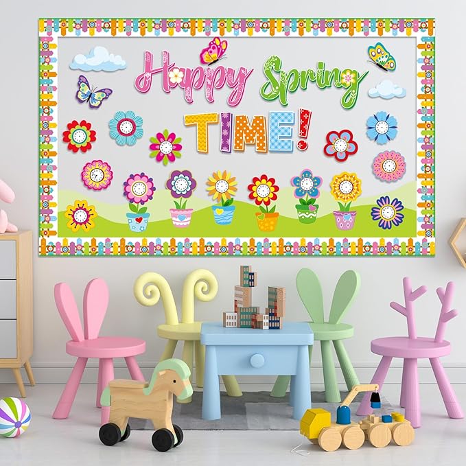 Kosiz Spring Clock Bulletin Board Decorations Set Flower Pot Butterfly Time Learning Paper Cutouts Happy Spring Time Classroom Decorations with Fence Borders for School Wall Chalkboard Door Home