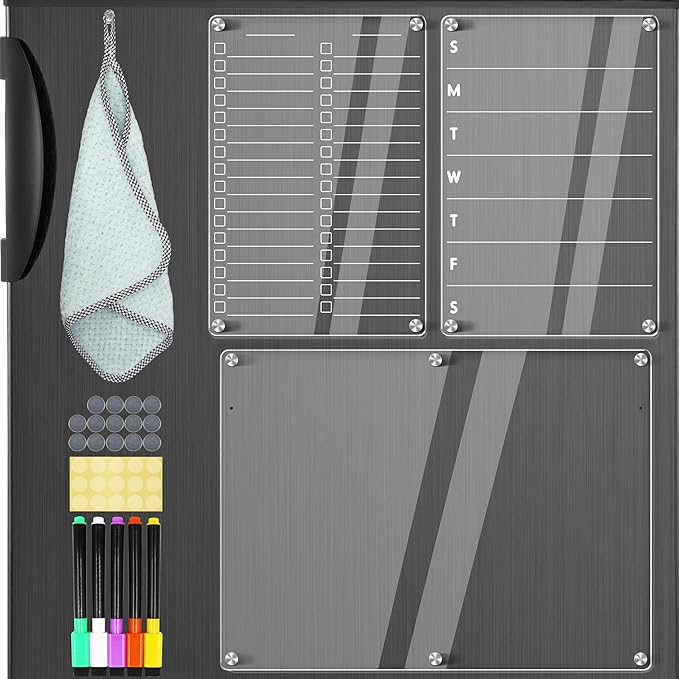 Acrylic Magnetic Dry Erase Board for Fridge, 16"x12" Clear Fridge Whiteboard to Do List White Board for Refrigerator Weekly Meal Planner Menu Board for Kitchen Fridge Calendar 3 Pcs