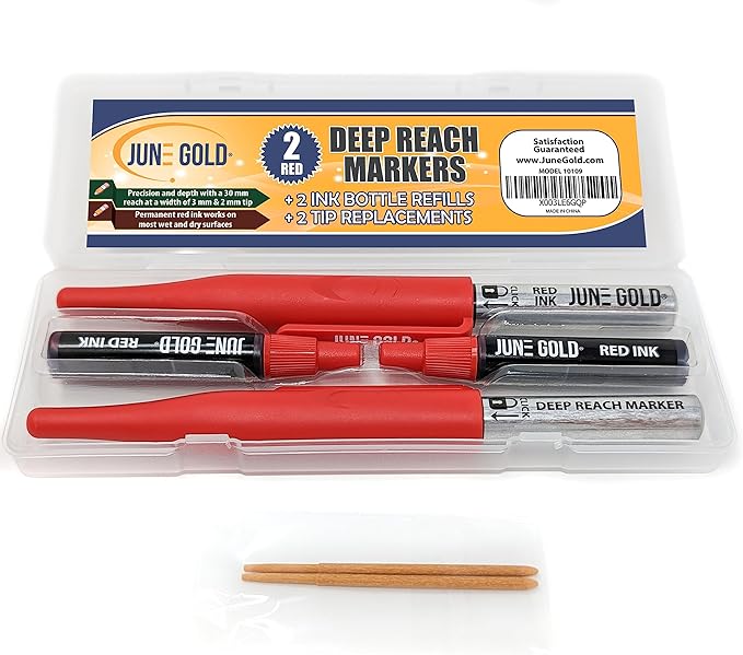 June Gold 2 Red Deep Reach Markers, 2 Ink Refill Bottles, 2 Tip Replacements, 30 mm Reach & 2 mm Felt Tip