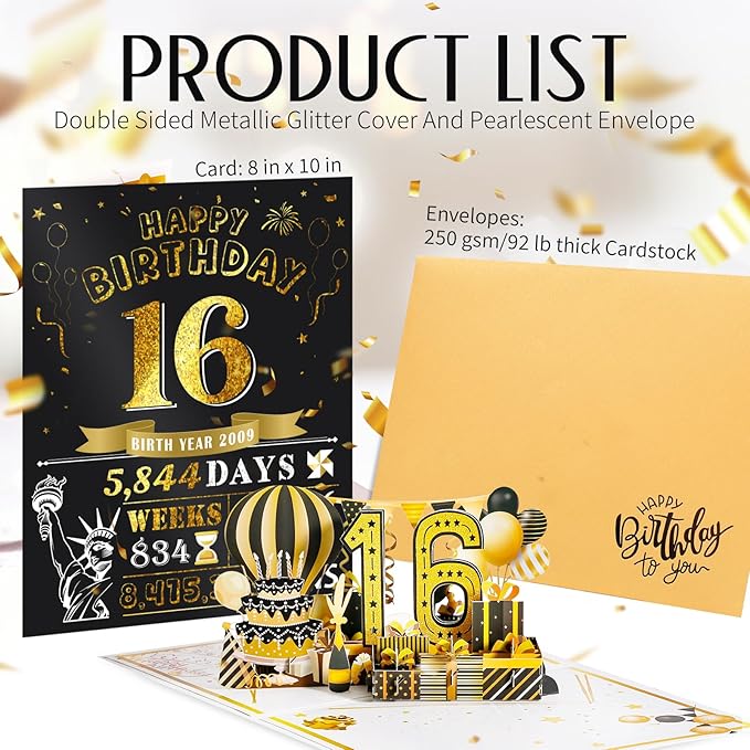 16th Birthday Card for Girl Boy, Jumbo Pop Up Sweet 16th Birthday Cards for Son Daughter, Happy 16th Birthday Decorations for 16 Year Old Girls Boys Funny Birthday Gifts, Review of 2009, Black Gold
