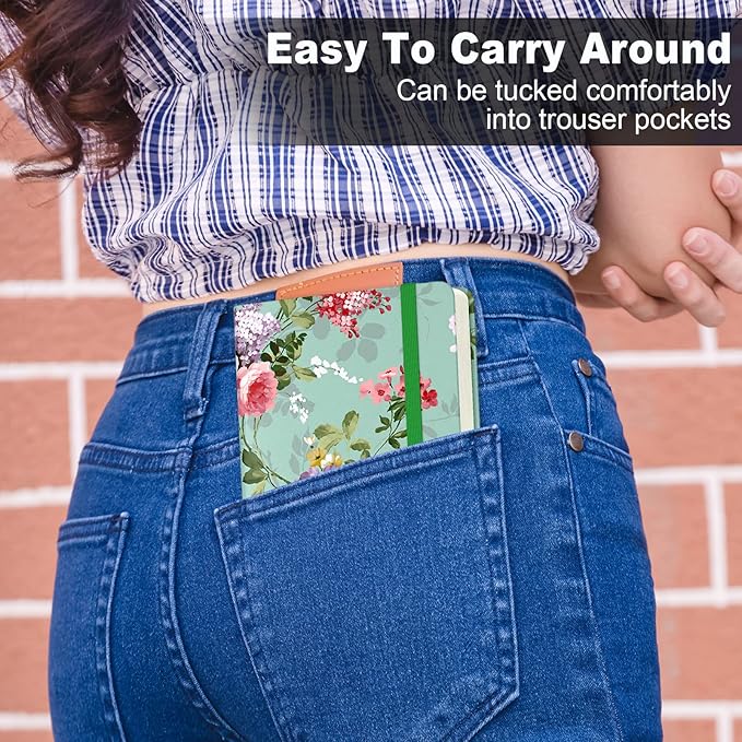 Small Notebook, Mini Pocket Journal A6 5.7" x 3.9", Leather Hardcover Journal with Pen Holder, 160 Thick Papers, Cute Lined Notebook Small Notepad for Women Writing Work Travel, Graceful Peony